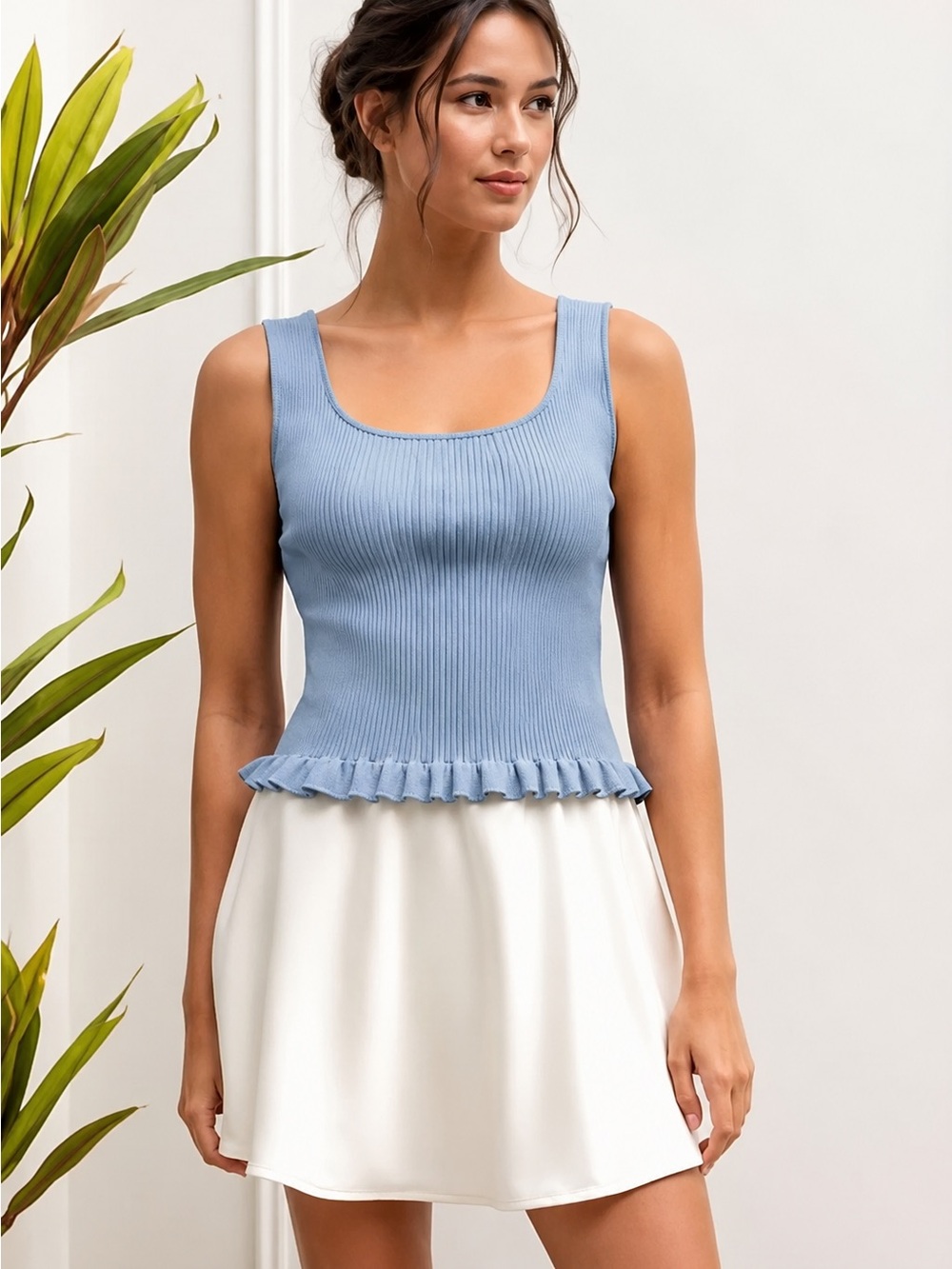 The Workshop Blue Ribbed Peplum Tank Top Sleeveless Stretch Knit